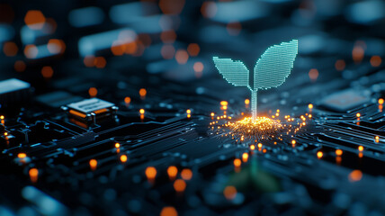 Aufkleber - small seedling emerges from circuit board, symbolizing fusion of technology and nature. This vibrant image captures essence of growth and innovation in digital world