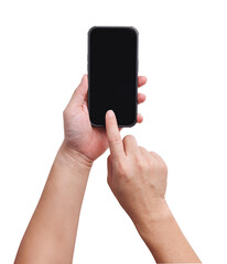 Hand holding smartphone and touch at the screen for scrolling the application. Phone is white screen cut out from background.