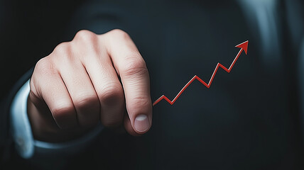 hand in suit points at rising graph, symbolizing growth and success in business. This image conveys strong message of progress and achievement