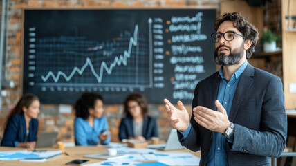 Poster - young man in suit passionately presents to group of professionals in modern office setting, with graph displayed on chalkboard behind him. His confident demeanor and engaging communication style