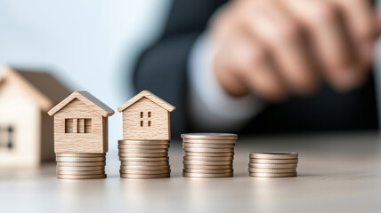 Aufkleber - This image showcases wooden house models placed on stacks of coins, symbolizing real estate investment and financial growth. scene conveys sense of opportunity and prosperity in housing market