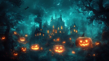 Fototapete - dark forest halloween background with glowing pumpkins haunted house silhouettes and twisted trees