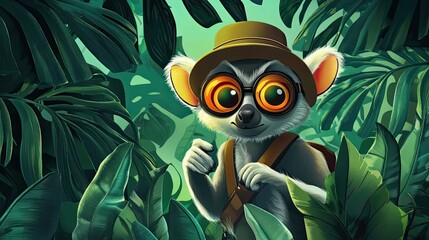 Poster - A Lemur Wearing a Hat and Goggles Amid Lush Greenery