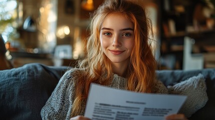 Poster - beautiful student reading admission letter from university sitting at home on the couch hands in the air success
