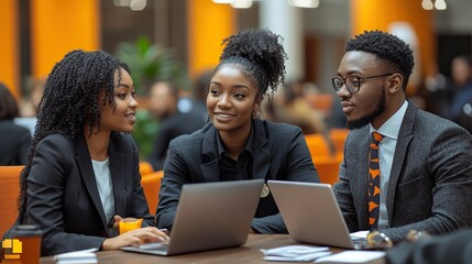 Poster - group of young business people with laptop sitting in an office talking