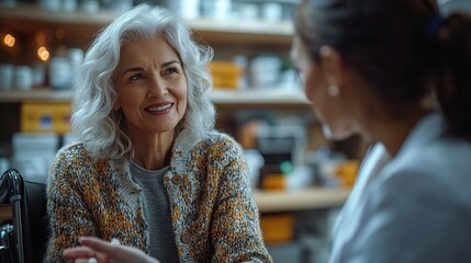 Poster - health visitor explaining senior woman in wheelchair how to take pills