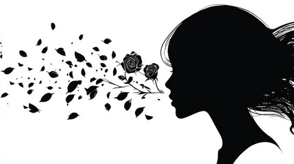 Line art illustration featuring the silhouette of a flower with rose petals dispersing