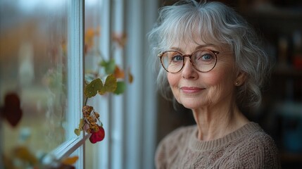 Poster - portrait of senior woman standing at home looking out of window