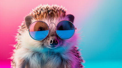 Hedgehog with sunglasses in front of a colorful neon background