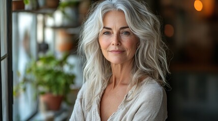 Poster - portrait of senior woman standing at home looking out of window