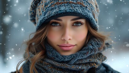 Charming winter portrait of a woman wearing a knitted hat and scarf against a stunning snowy landscape