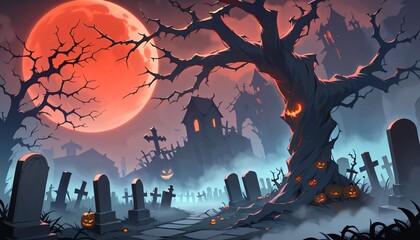 Wall Mural - illustration of a Halloween night with moon and pumpkin background