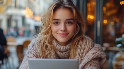 Poster - portrait of woman with coffee sitting at the table in cafe using laptop