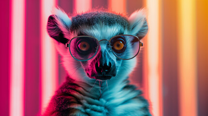 A ring tailed lemur with sunglasses in front of a colorful neon background