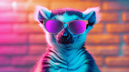 A ring tailed lemur with sunglasses in front of a neon colorful background