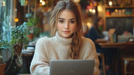 Poster - portrait of woman with coffee sitting at the table in cafe using laptop