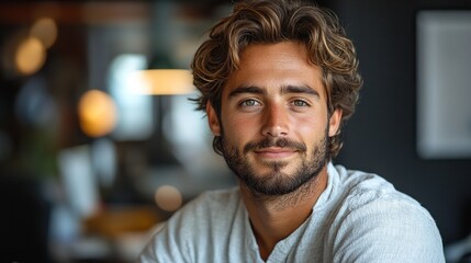 Poster - portrait of young businessman with computer in an office looking at camera