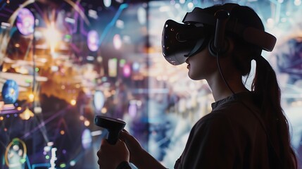 Poster - Woman wearing a VR headset and holding a controller, immersed in a virtual world displayed on a large screen. She is experiencing an interactive and immersive experience.