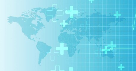 Poster - World, map and medical status with symbol for global healthcare, monitor or rhythm on overlay. Icon, addition or plus sign with cardiograph for heart rate, health and wellness of healing economy