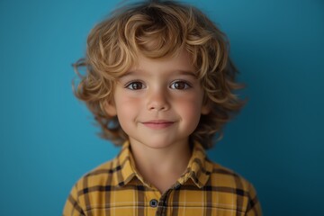 Wall Mural - Young boy with blonde hair and a yellow shirt. He is smiling and looking at the camera. Front view of small caucasian boy four years old standing in front of blue background studio shot playful