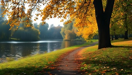 Wall Mural - Vibrant autumn foliage in a serene park setting