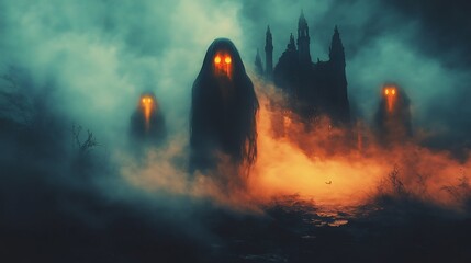 Poster - Ghostly Halloween scene with an ethereal fog surrounding floating spectral figures