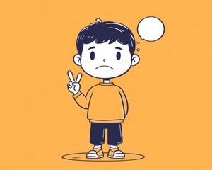 Line art illustration of a cartoon boy with a frown making a peace sign accompanied by a thought bubble