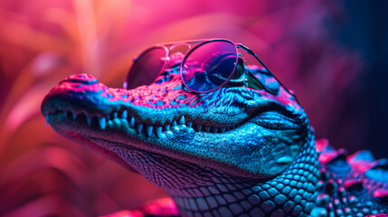 Wall Mural - Crocodile with sunglasses in front of a tropical colorful neon background