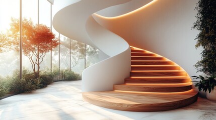 Poster - wooden staircase, white wall in an interior of house