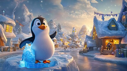 A cheerful penguin stands on an ice floe in a snowy village