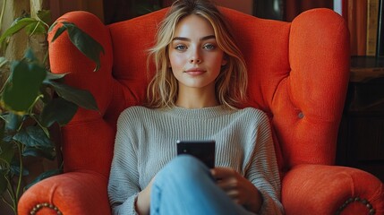 Poster - young businesswoman with smartphone sitting on red armchair in office copy space