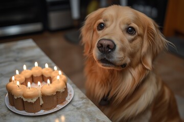 Wall Mural - Dog wearing a party hat is sitting on a table. The hat is blue and has a design on it. happy birthday dog -