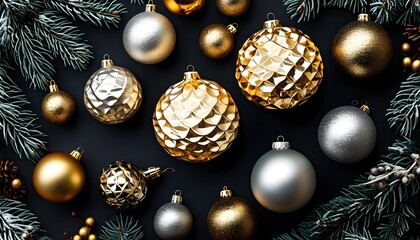 Wall Mural - Elegant flat lay of golden and silver Christmas baubles on a dark background for festive card designs