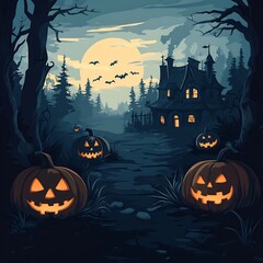 Poster - Halloween background featuring pumpkins a haunted house and a spooky forest