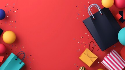 Colorful shopping bags with confetti on red background