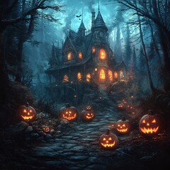 Poster - Halloween background featuring pumpkins a haunted house and a spooky forest
