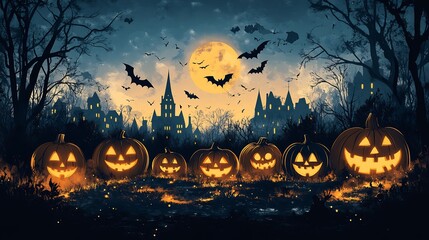 Poster - Happy Halloween banner with carved pumpkins bats flying and ghostly figures all around