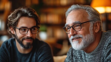 Poster - an adult hipster son, senior father sitting on sof indoors at home talking