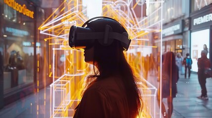 Poster - Woman wearing a VR headset stands in a bustling city setting, with a glowing digital projection behind her, representing the merging of technology with urban life.