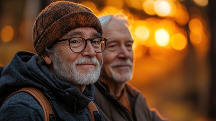 Poster - an adult hipster son with senior father in wheelchair on walk in nature at sunset laughing