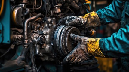 Poster - A professional mechanic meticulously repairs a large industrial engine, focusing intently on the components with their gloved hands, surrounded by tools and equipment in a workshop
