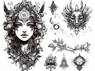 Wall Mural - Line art elements for tattoo designs