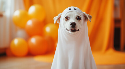 A dog in a ghost costume with balloons, created with Generative AI technology.