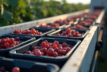 Canvas Print - Grape harvest processing. Freshly picked red grapes are carefully arranged in black plastic crates, moving along a conveyor belt in a vineyard, ready for further processing.