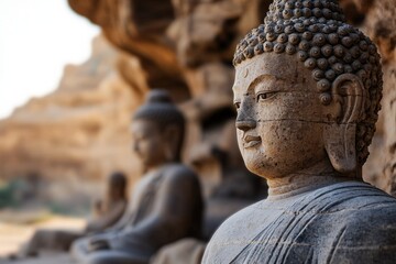 closeup of a weathered ancient buddha statue in a mountain background