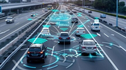 Wall Mural - Autonomous driving technology, showcasing connected cars on a highway with digital interfaces and sensors for navigation and safety.