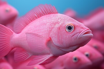 Wall Mural - Pink fish is swimming in a tank with other fish. The fish is the only one that is not in a group. Pink fish, close-up shot of an army of pink baby fish swimming in the sea, neon blue background