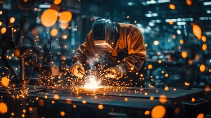 A skilled welder works diligently at a workshop, creating sparks as they join metal pieces together. The atmosphere is energetic and filled with glowing particles, showcasing craftsmanship