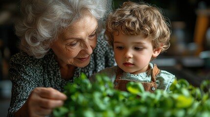 Wall Mural - beautiful grandmother with little boy spending together time in kitchen learning to cook grandson with potted herb in hands