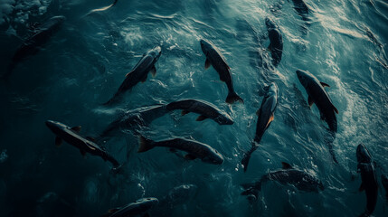 Salmon swimming on the surface of fish farm. fish. Illustrations
